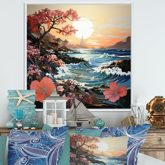 Designart "Seashore Papercut Coastal Sunlit painting I" Nautical & Beach Floater Framed Canvas Print