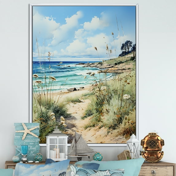 Designart "Seashore Remembrance III" Beach Floater Framed Wall Art Living Room