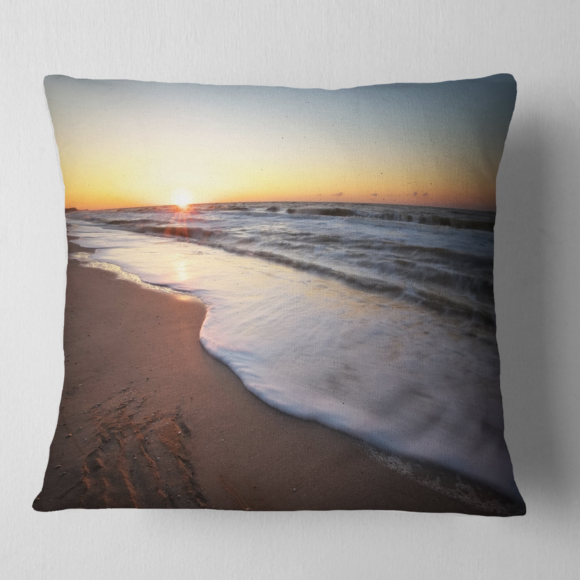 Designart Seashore under Fiery Sunset Sky - Modern Seashore Throw Pillow - 18x18
