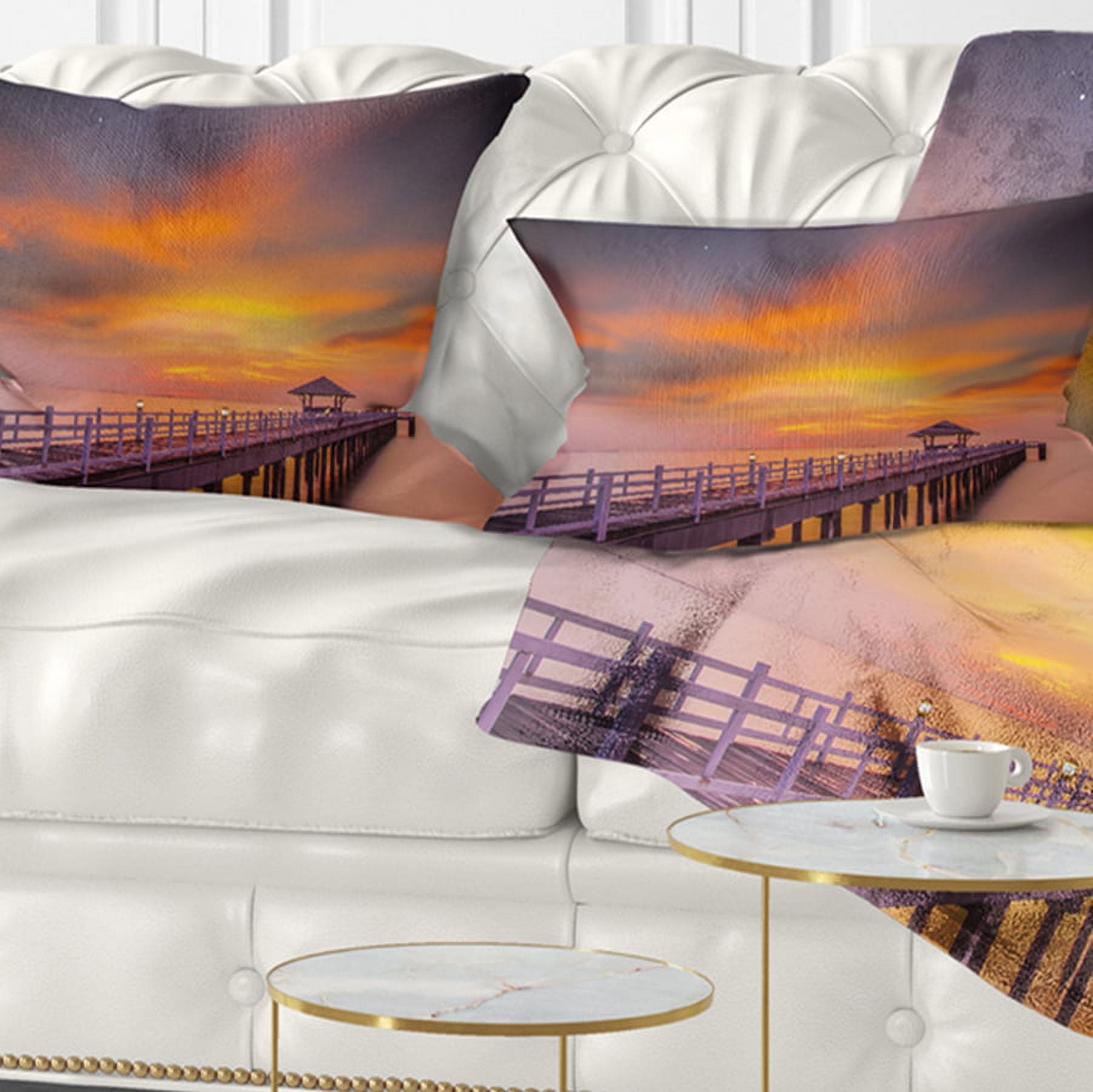 Designart Seashore with Long Wooden Pier - Pier Seascape Throw Pillow - 12x20