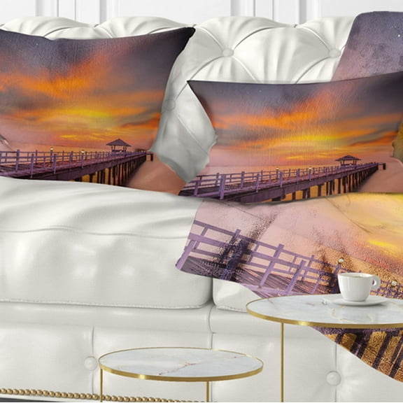 Designart Seashore with Long Wooden Pier - Pier Seascape Throw Pillow - 12x20