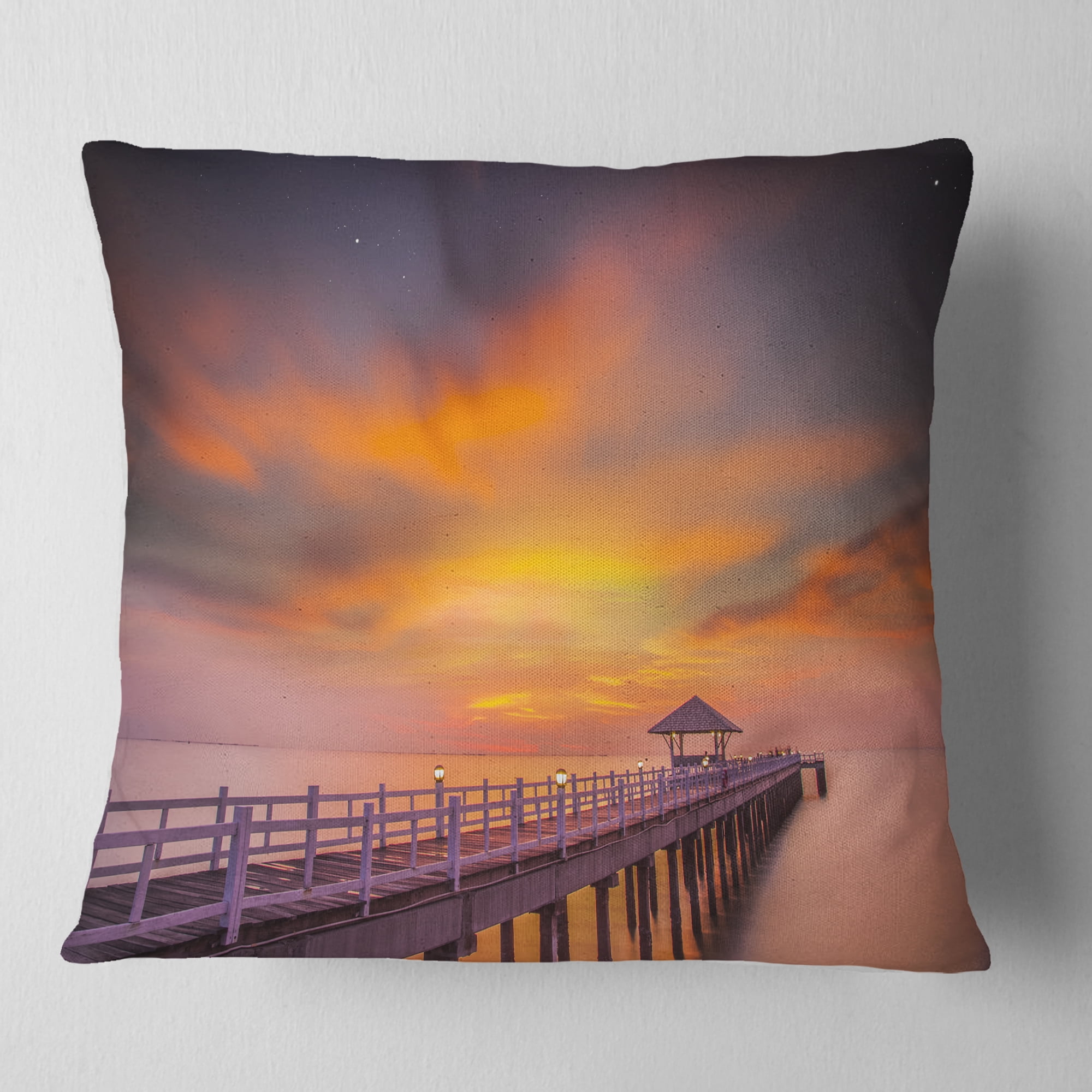 Designart Seashore with Long Wooden Pier - Pier Seascape Throw Pillow - 16x16