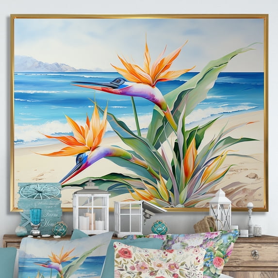 Designart "Seaside Birds Of Paradise I" Birds Of Paradise Floater Framed Wall Art Living Room