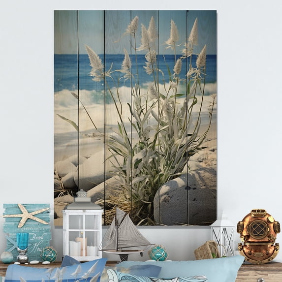 Designart "Seaside Flora at the Beach II" Nautical & Beach Print on Natural Pine Wood