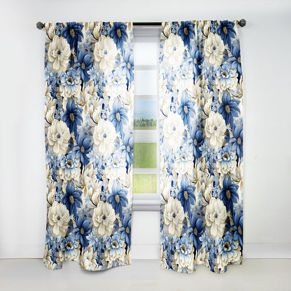 Designart "Seaside Floral Bliss" Floral Blue, White Curtain 1 Panel