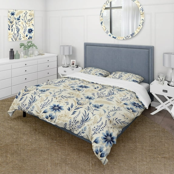 Designart "Seaside Floral Serenity I" Blue Boho Bedding Covert Set - Bohemian & Eclectic Bed Set With 1 Sham