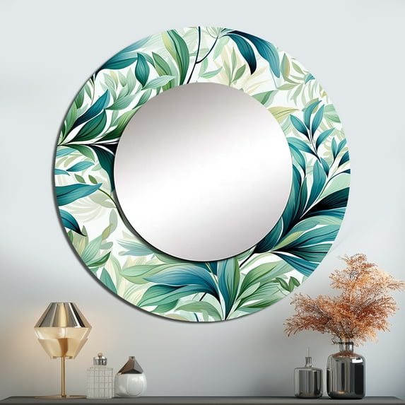 Designart "Seaside Leaf Symphony II" Floral Rund Mirror For Wall Decor - Large Green Round Print Mirror - Round Tropical Mirror - Wall Mounted Round Large Mirror - 29" x 29"