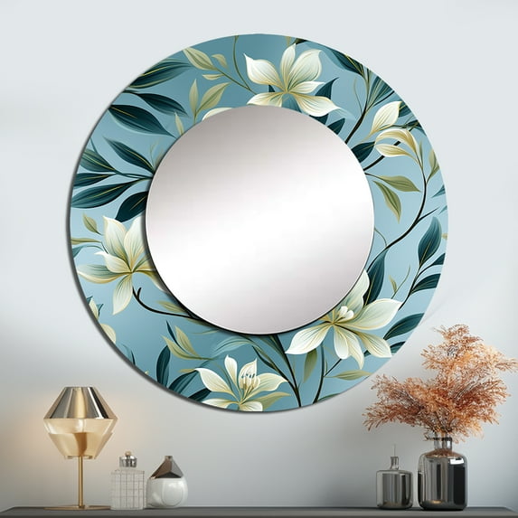 Designart "Seaside Leaf Symphony III" Tropical Round Mirror Wall Decor Tropical - Large Green Round Bathroom Mirror - Round Mirror - 23" x 23"