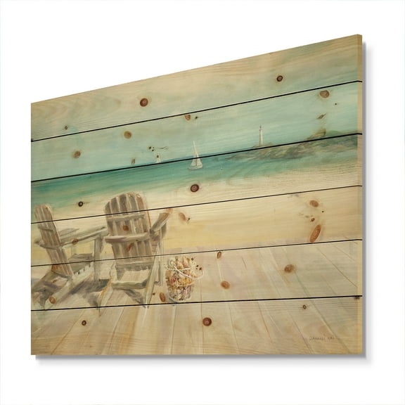 Designart 'Seaside Morning no Window' Coastal Print on Natural Pine Wood