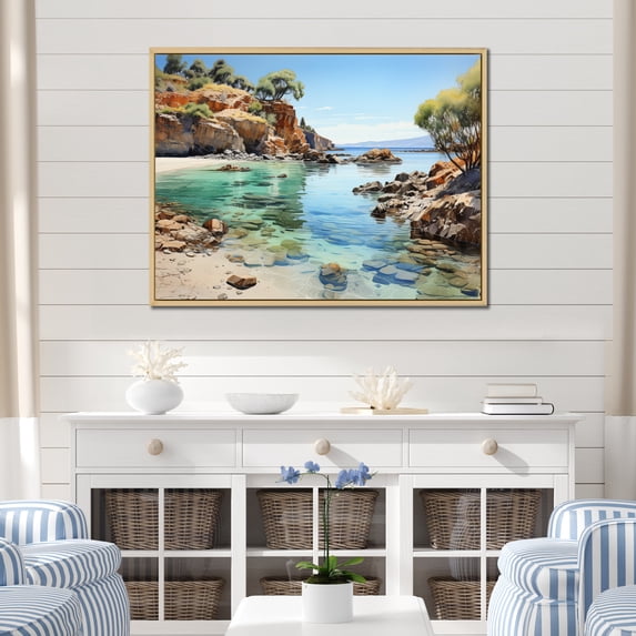 Designart "Seaside Reflections Rocky Beach painting II" Nautical & Beach Floater Framed Wall Decor