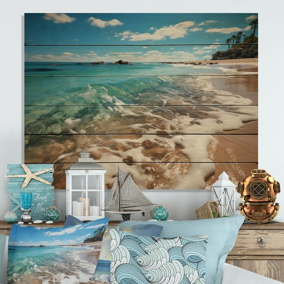 Designart "Seaside Rhythms Coastal Harmony" Coastal Print on Natural Pine Wood
