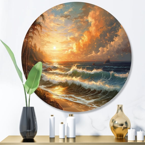 Designart "Seaside Serenity Orange Green III" Beach Metal Round Wall Art
