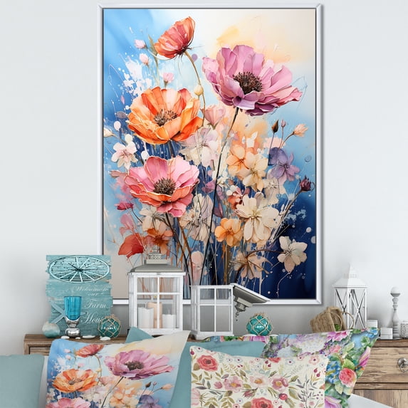 Designart "Seasonal Blooms Multicolored Flowers on Blue II" Floral Floater Framed Canvas Print