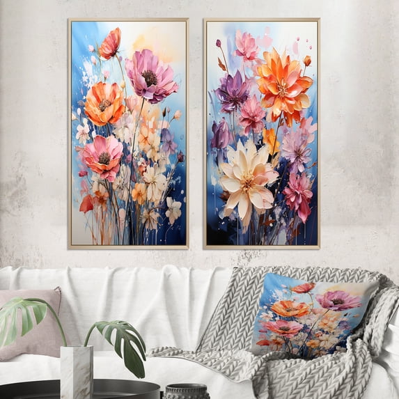 Designart "Seasonal Blooms Multicolored Flowers on Blue II" Seasonal Flowers Framed Wall Art Set Of 2 - Red Floral Framed Wall Art Set Of 2