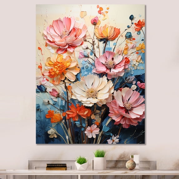 Designart "Seasonal Blooms Multicolored Flowers on Blue III" Floral Canvas Print