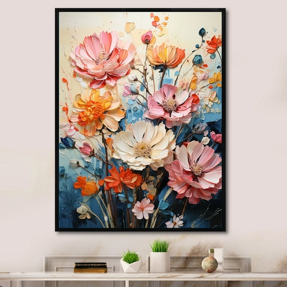 Designart "Seasonal Blooms Multicolored Flowers on Blue III" Floral Floater Framed Canvas Print