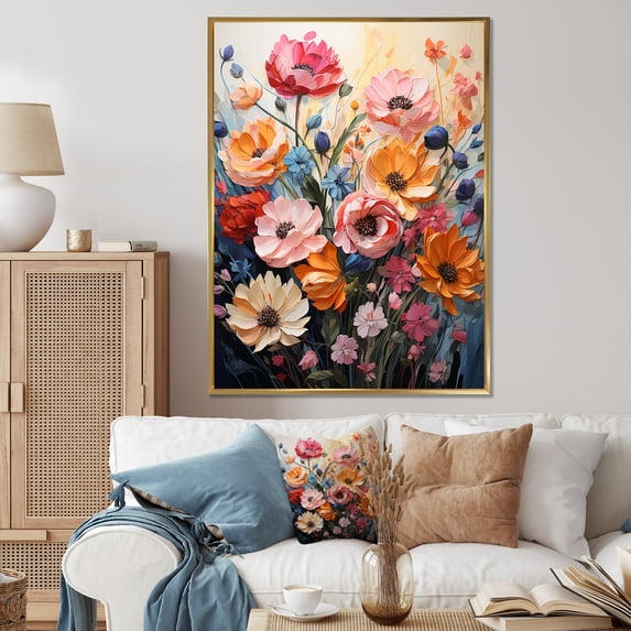 Designart "Seasonal Blooms Multicolored Flowers on Blue IV" Floral Floater Framed Wall Art Print
