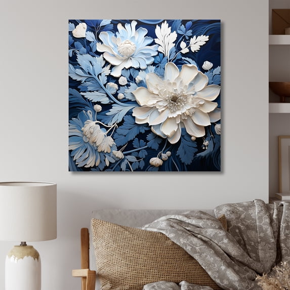 Designart "Seasonal Flowers In Watercolor Blues And Whites III" Flowers Canvas Prints