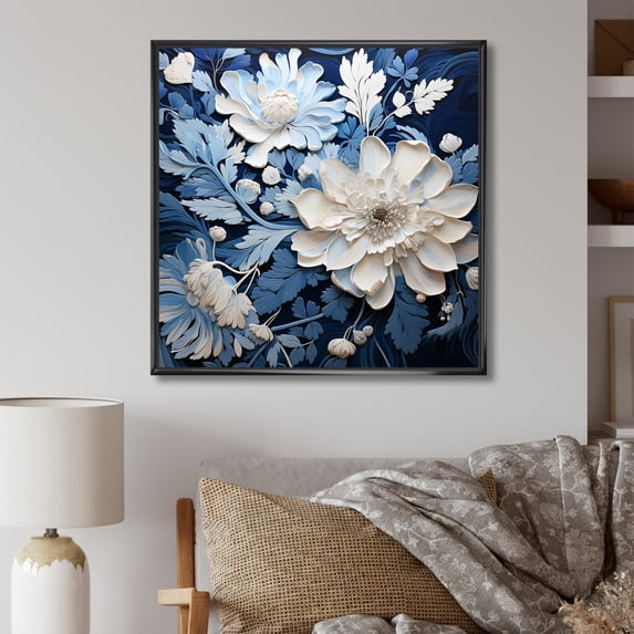 Designart "Seasonal Flowers In Watercolor Blues And Whites III" Flowers Floater Framed Canvas Prints
