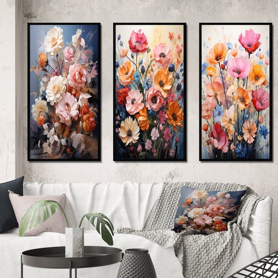 Designart "Seasonal Flowers love expression I" Floral Framed Wall Art Set Of 3 - Multi-Color Seasonal Flowers Frame Canvas Set For Living Room Decor