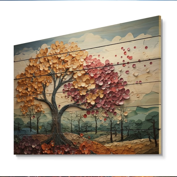 Designart "Seasonal Mosaic Maple Trees II" Floral Print on Natural Pine Wood