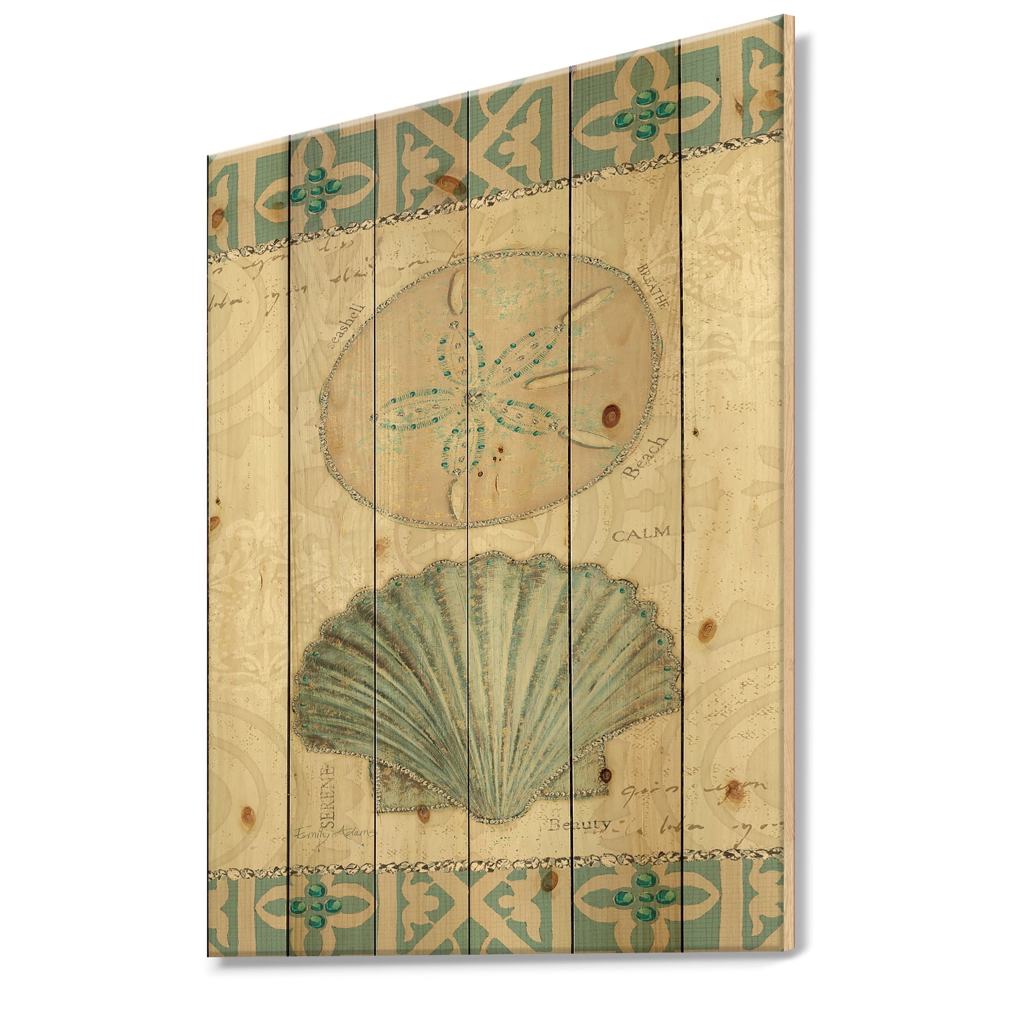 Designart 'Seastar and Blue Sea Shell II' Nautical & Coastal Print on Natural Pine Wood