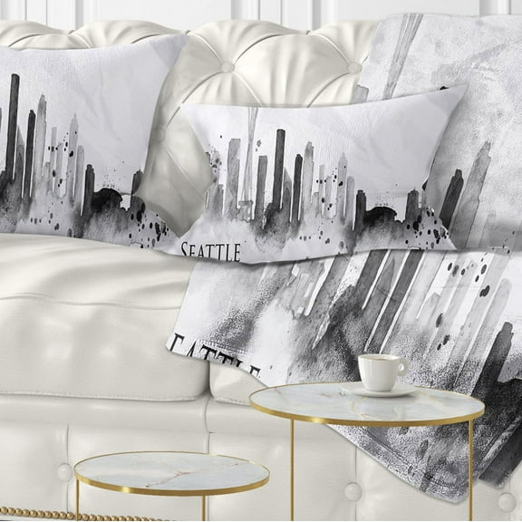 Designart Seattle Black Silhouette - Cityscape Painting Throw Pillow - 12x20