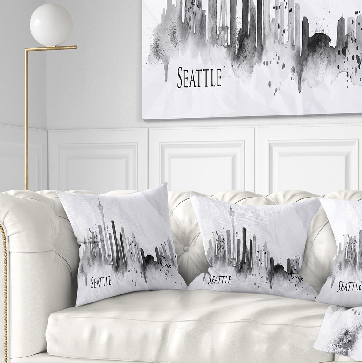 Designart Seattle Black Silhouette - Cityscape Painting Throw Pillow - 18x18