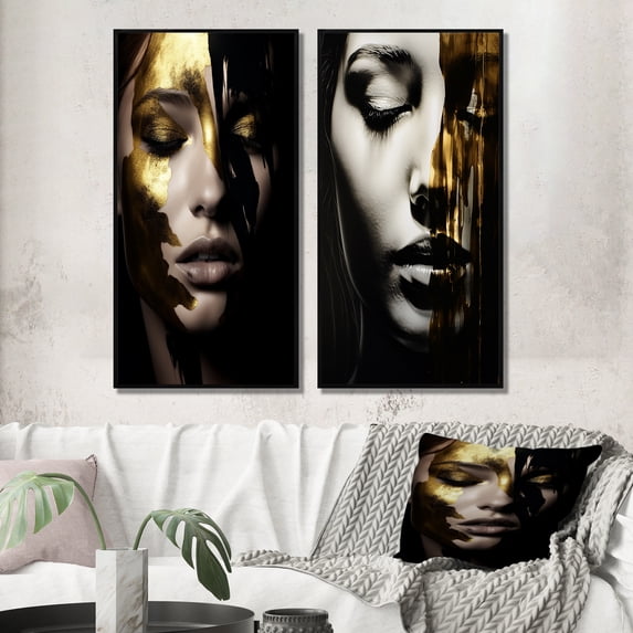 Designart "Sensual Glamour Woman Portrait in Black and Gold IV" Fashion Woman Framed Wall Art Set Of 2 - Glam Gold Gallery Wall Frame Set For Home Decor