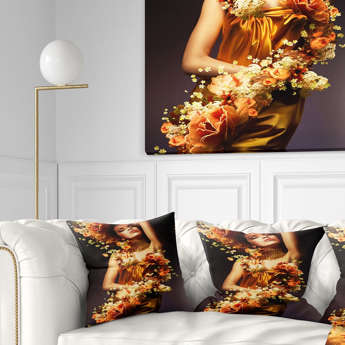 Designart Sensual Woman in Flower Robes - Abstract Portrait Throw Pillow - 18x18