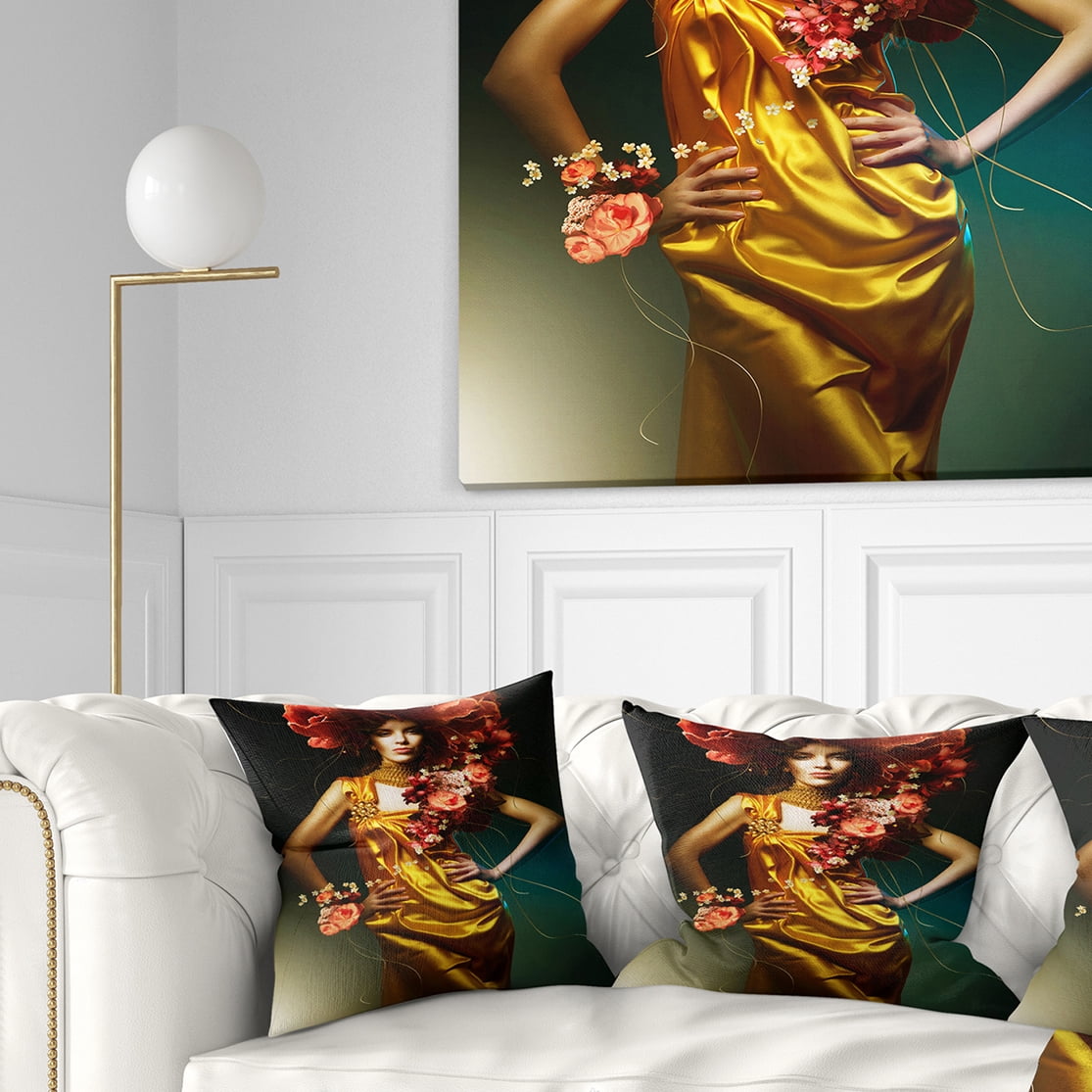 Designart Sensual Woman in Yellow Dress - Portrait Throw Pillow - 18x18