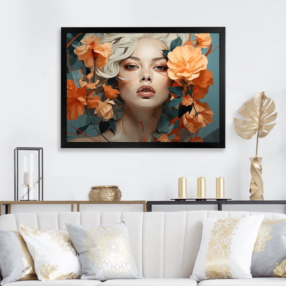 Designart "Sensual Woman with Flowers in Green and Orange" Fashion Framed Wall Art Decor - Glam Yellow Fashion Woman Bedroom Framed Canvas Wall Art