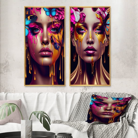 Designart "Sensuous Lady and her Vivid Butterfly V" Woman Butterfly Framed Wall Art Set Of 2 - Pink Fashion Framed Canvas Set For Living Room Decor