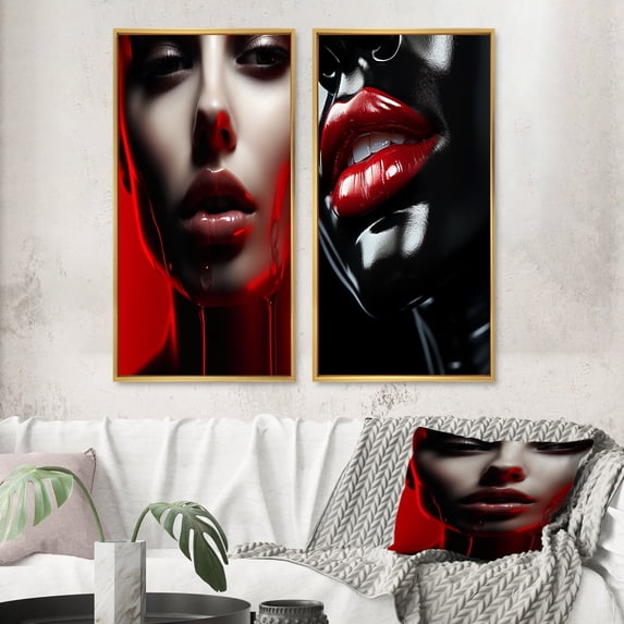 Designart "Sensuous Red Glamour Woman Portrait" Fashion Woman Framed Wall Art Set Of 2 - Glam Red Gallery Wall Frame Set For Home Decor