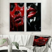 Designart "Sensuous Red Glamour Woman Portrait I" Fashion Woman Framed Wall Art Set Of 2 - Glam Red Frame Gallery Set For Office Decor