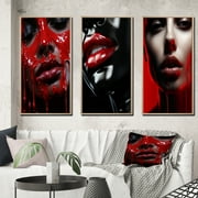 Designart "Sensuous Red Glamour Woman Portrait I" Fashion Woman Framed Wall Art Set Of 3 - Red Glam Frame Gallery Set For Office Decor