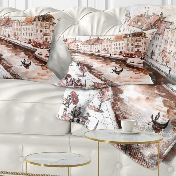Designart Sepia Hand Drawn Sketch of Paris - Cityscape Throw Pillow - 12x20