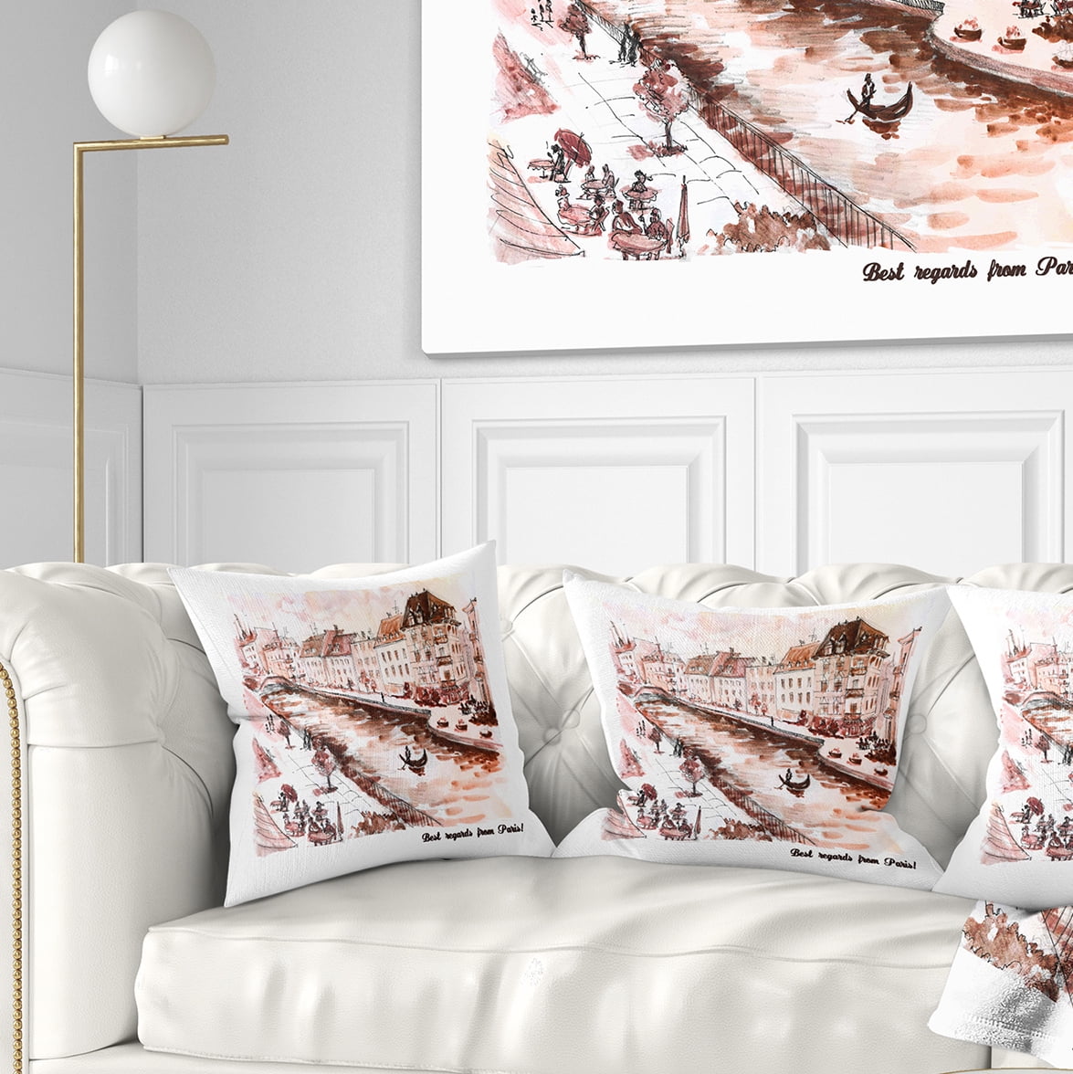 Designart Sepia Hand Drawn Sketch of Paris - Cityscape Throw Pillow - 18x18