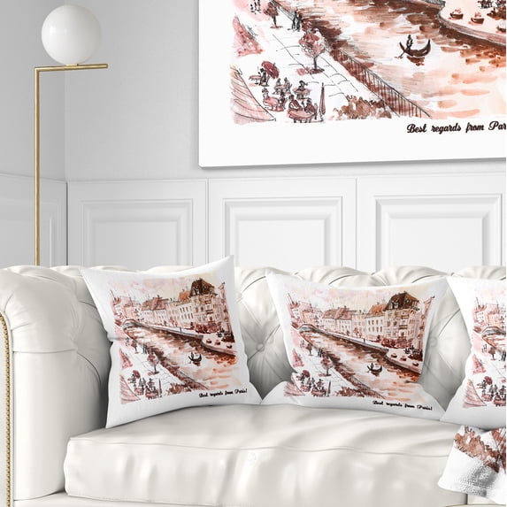 Designart Sepia Hand Drawn Sketch of Paris - Cityscape Throw Pillow - 18x18