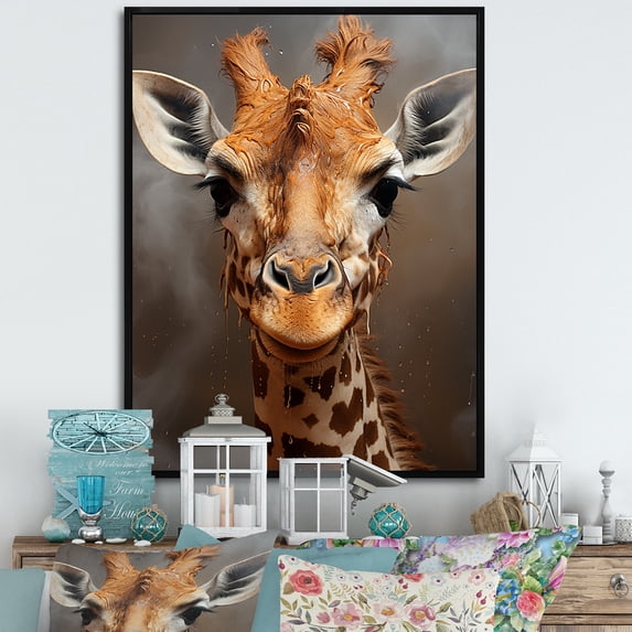Designart "Sepia-Toned Selfie With Giraffe" Animals Giraffe Floater Framed Wall Art Prints