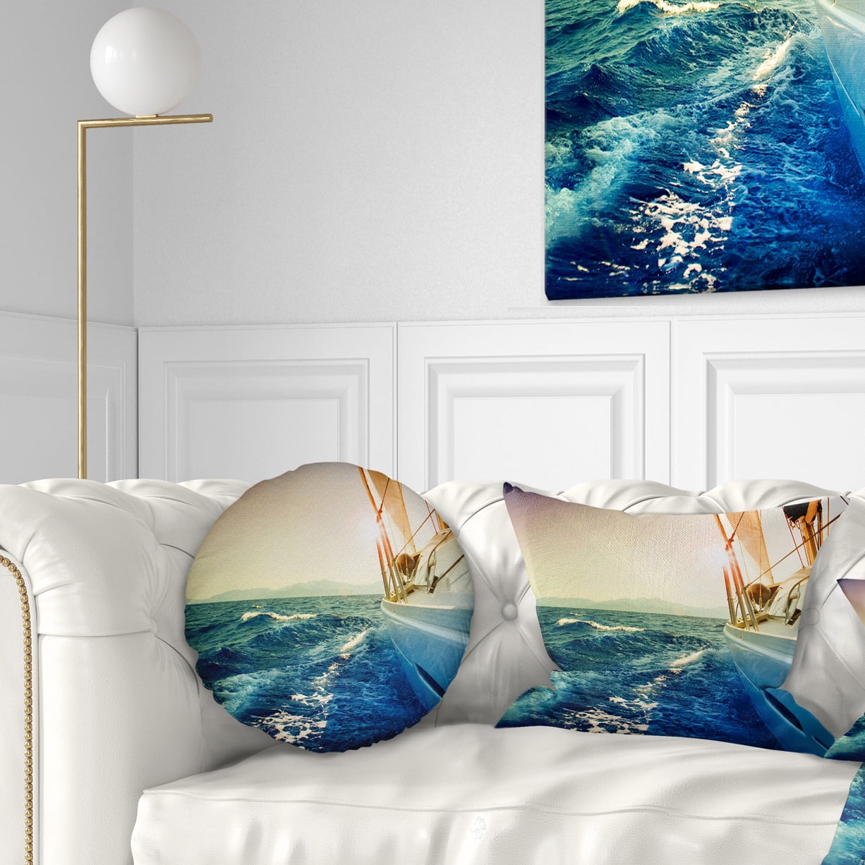Designart Sepia toned Yacht Sailing in Sea - Seashore Throw Pillow - 12x20