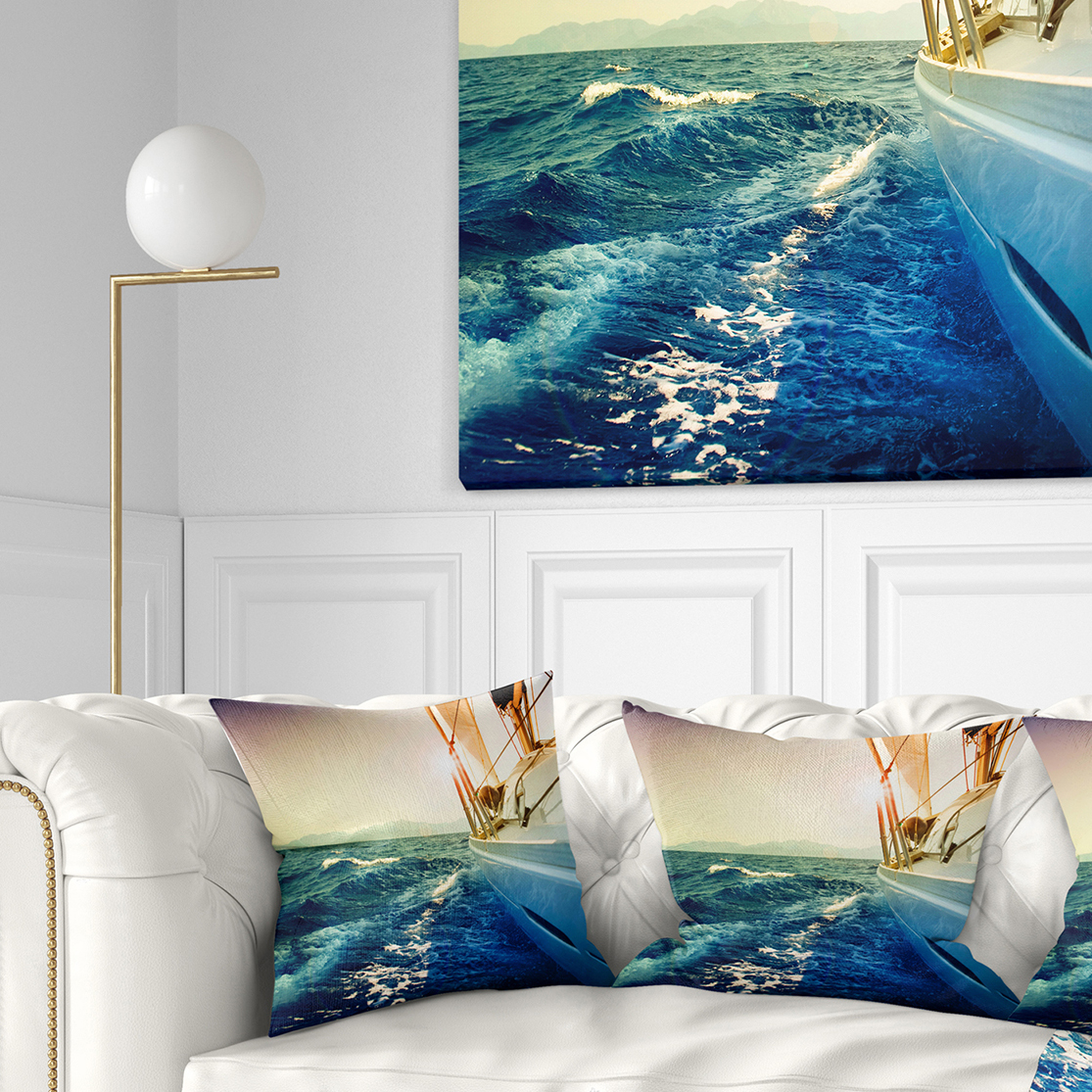 Designart Sepia toned Yacht Sailing in Sea - Seashore Throw Pillow - 18x18