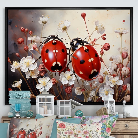 Designart "Serenade Among Polka Dot Ladybugs" Ladybug Floater Framed Canvas Wall Art