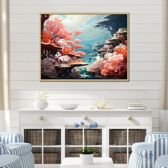 Designart "Serenade Of Aqua Underwater Corals IV" Coastal Coral Under Water Floater Framed Wall Decor