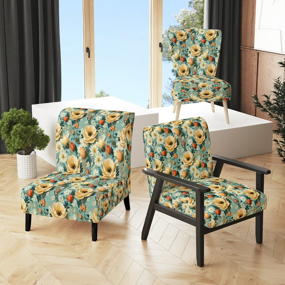 Designart "Serenade Of Funky Florals In Beige Pop Art" Beige Floral Upholstered Accent Chair - Cottage Arm Chair For Living Room