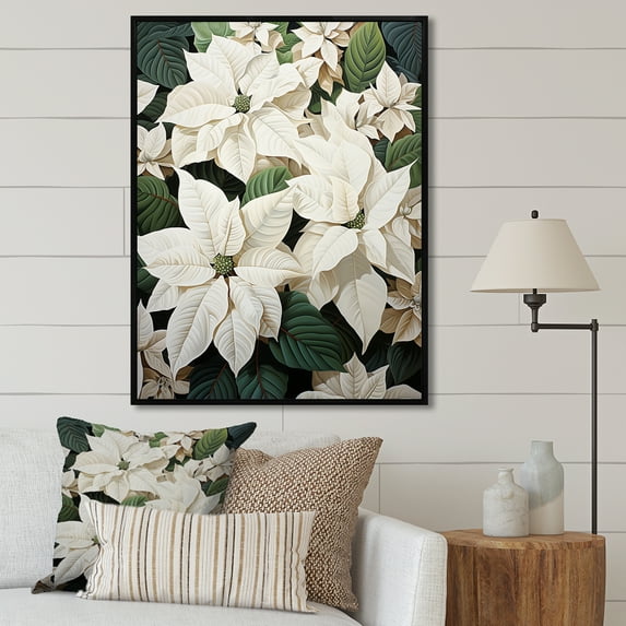 Designart "Serenade Of Wild White Poinsettia I" Poinsettias Floater Framed Wall Art Living Room