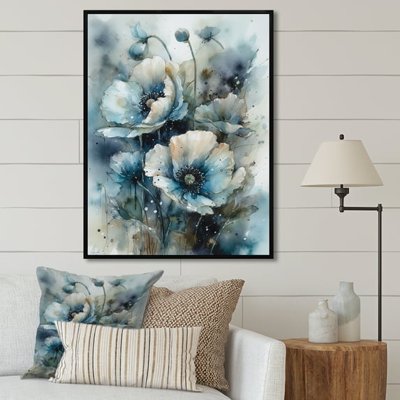 Designart "Serenade With A Blue And White Poppy Bouquet I" Poppy Floater Framed Wall Decor