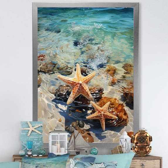 Designart "Serenade of Tropical Starfish on the Beach I" Coastal Framed Wall Art - Coastal Blue Coastal Tropical Living Room Framed Canvas Art