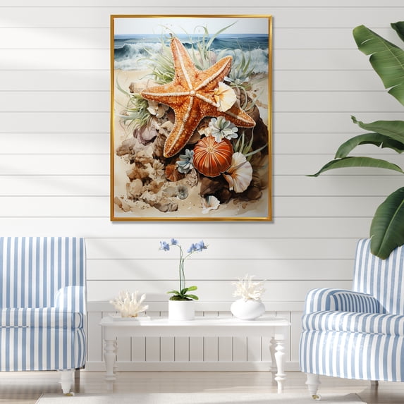 Designart "Serenade of Tropical Starfish on the Beach II" Coastal Framed Wall Art - Coastal Yellow Coastal Tropical Bedroom Framed Canvas Wall Art