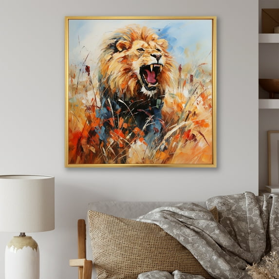 Designart "Serenade of Wild Lion Portrait III" Animals Framed Wall Art - Traditional Orange Lion Hallway Framed Wall Art Decor